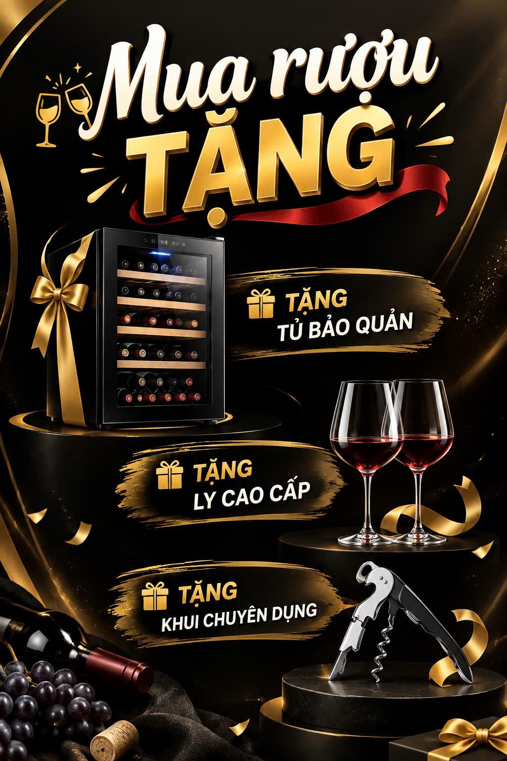 Mua rượu tặng quà — tủ bảo quản, ly cao cấp, khui chuyên dụng