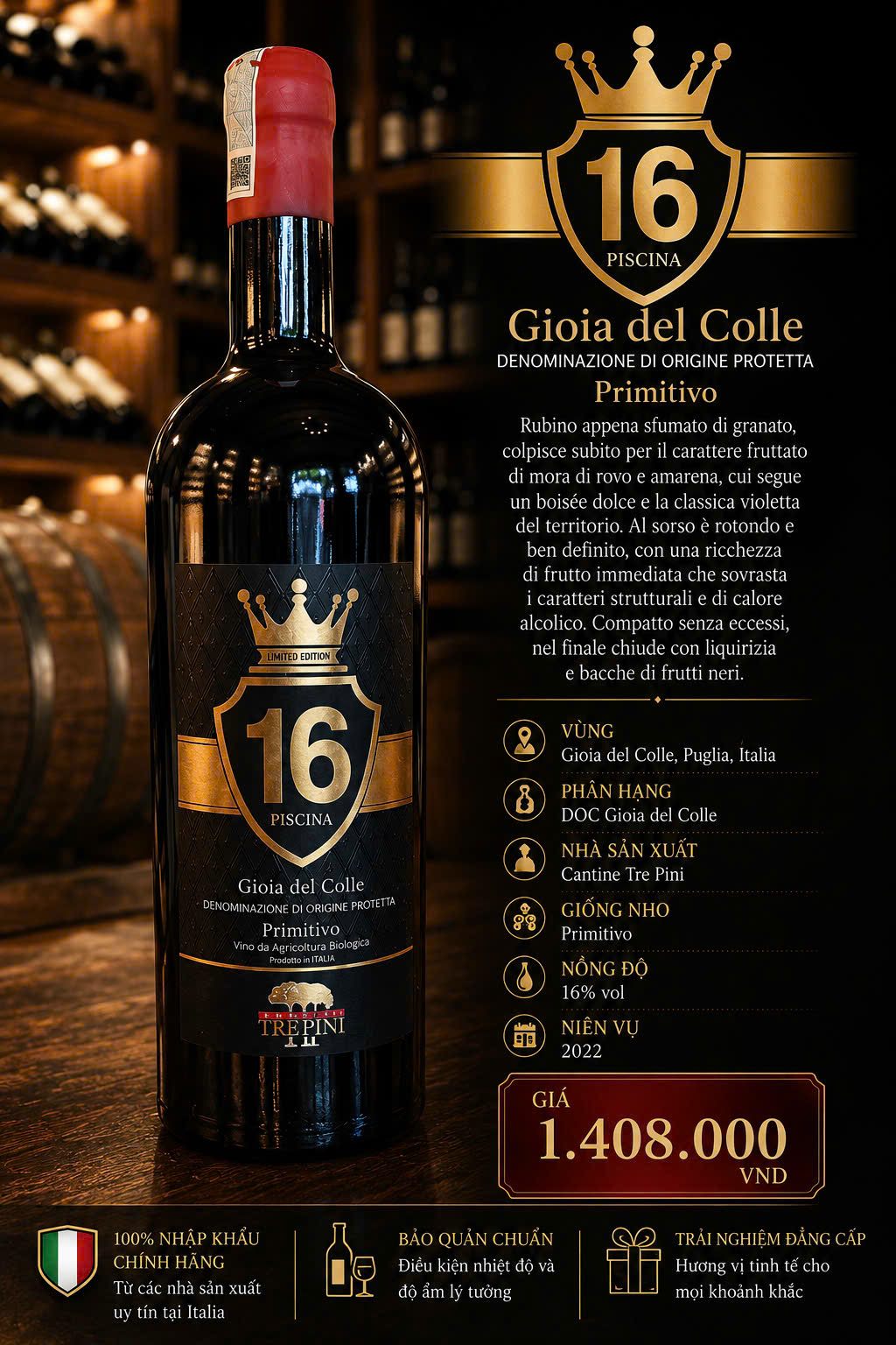 Cantine Tre Pini "16 Piscina" Gioia del Colle Primitivo DOP 2022